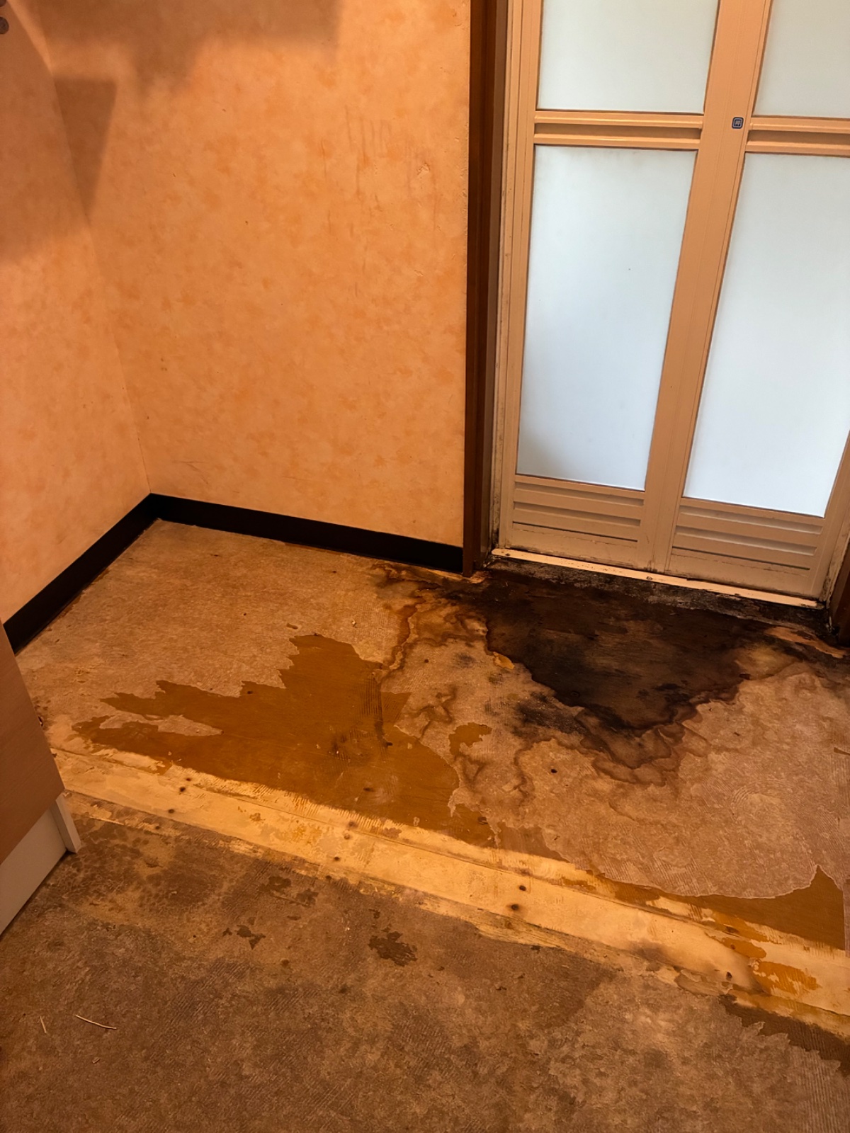 浴室前の床が水で黒ずんでいた脱衣所を、下地から入れ替えて直しまし