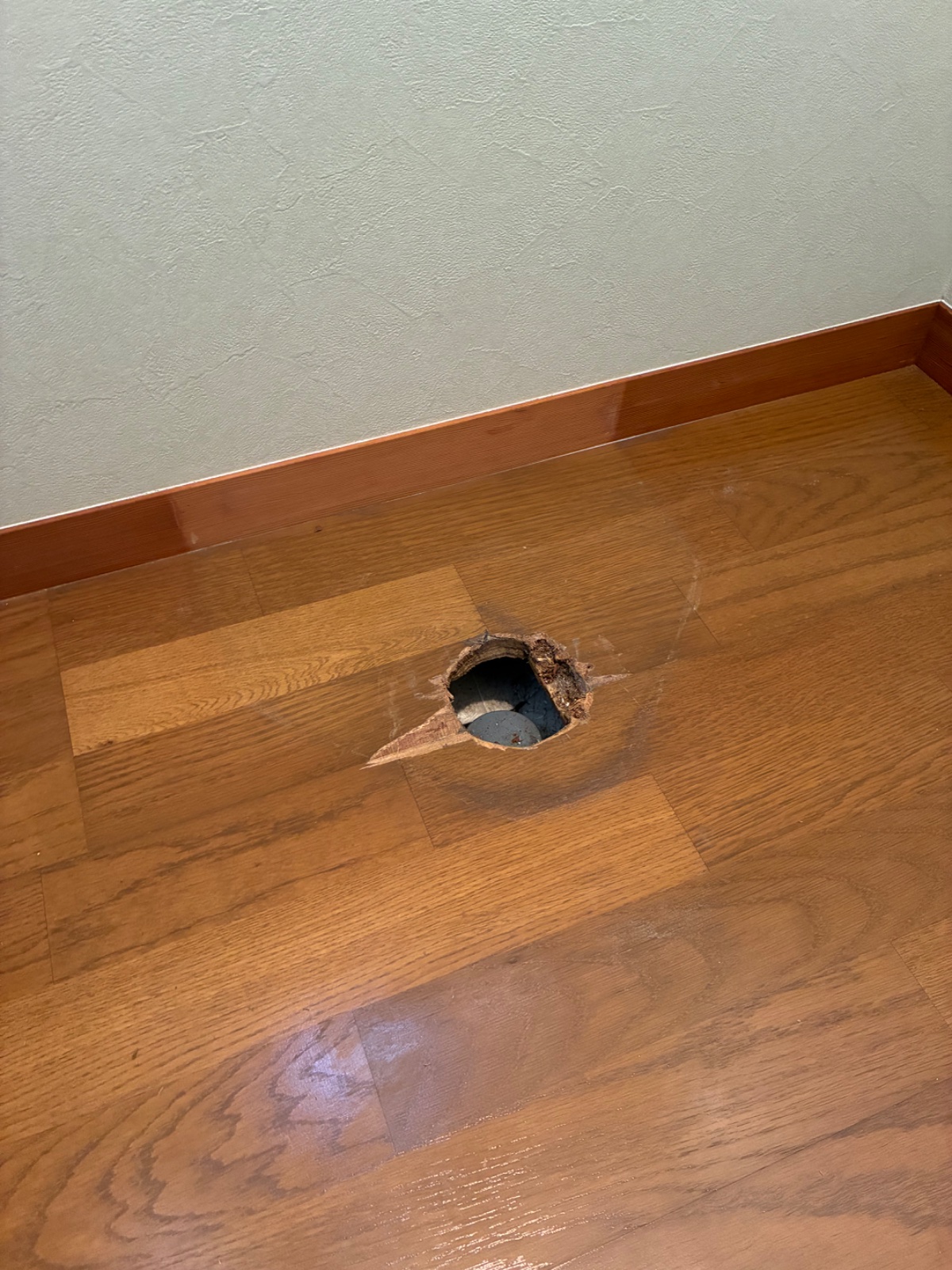 フローリングの真ん中に開いた穴。ふちに裂けた跡
